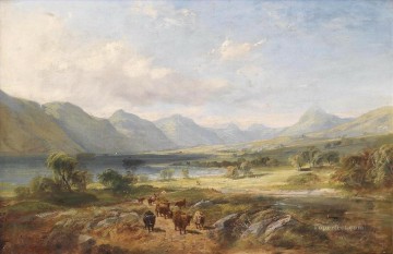 サミュエル・ボー Painting - 開けた湖畔の風景の中のハイランド牛 サミュエル・ボーの風景